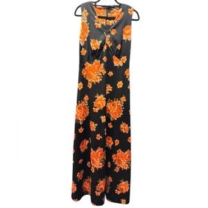Vintage 70s Long Black Dress Vibrant Floral Patters